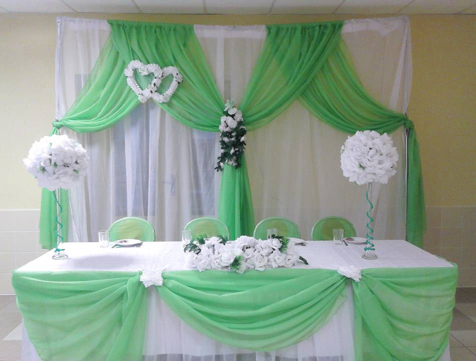 Универсальный вариант – оформление зала на свадьбу тканью: рекомендации с фото