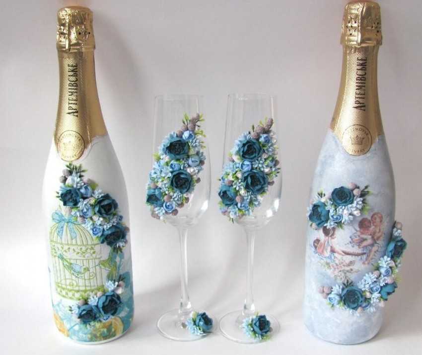 Как украсить шампанское и бокалы молодоженов на свадьбу