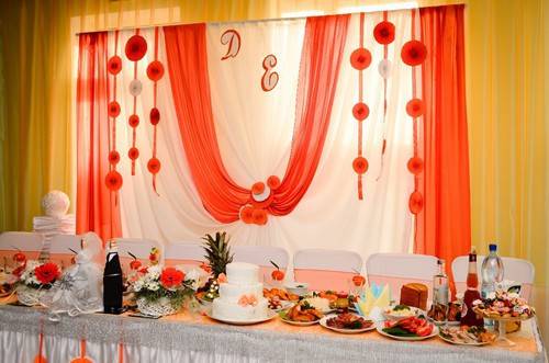 Солнечная и стильная оранжевая свадьба: оформление зала