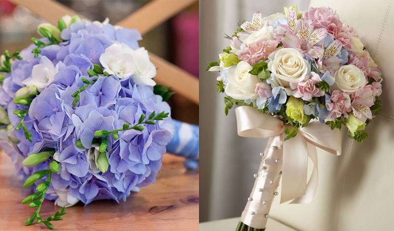 Свадебный букет из гортензии? в вариантах [2019] – синей, белой & фиолетовой с пионами и розами, а также фото