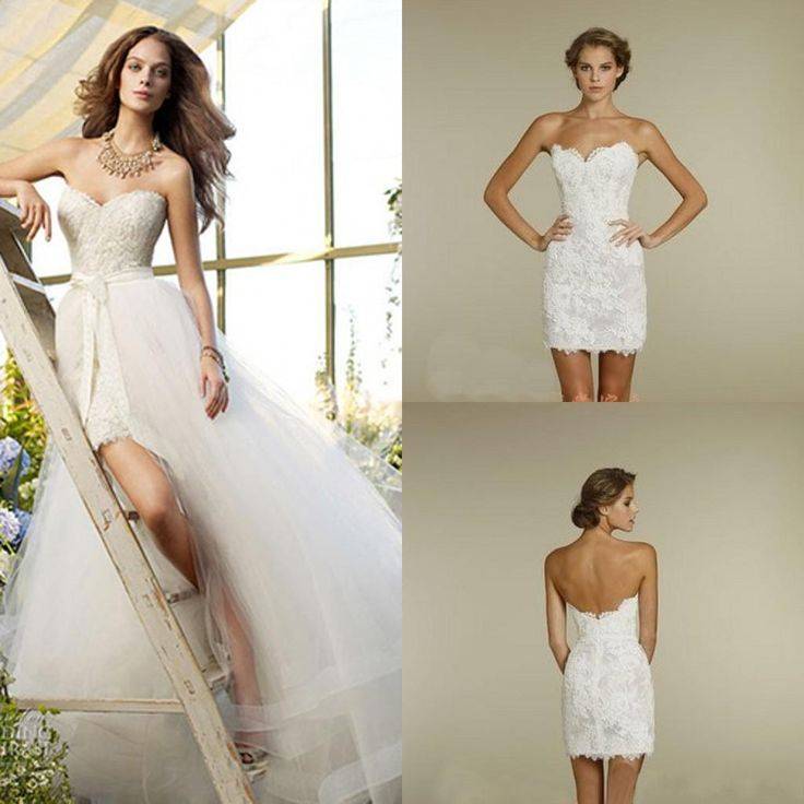 Короткие свадебные платья со шлейфом (64 фото) - узкие, пышные кружевные и прямые облегающие