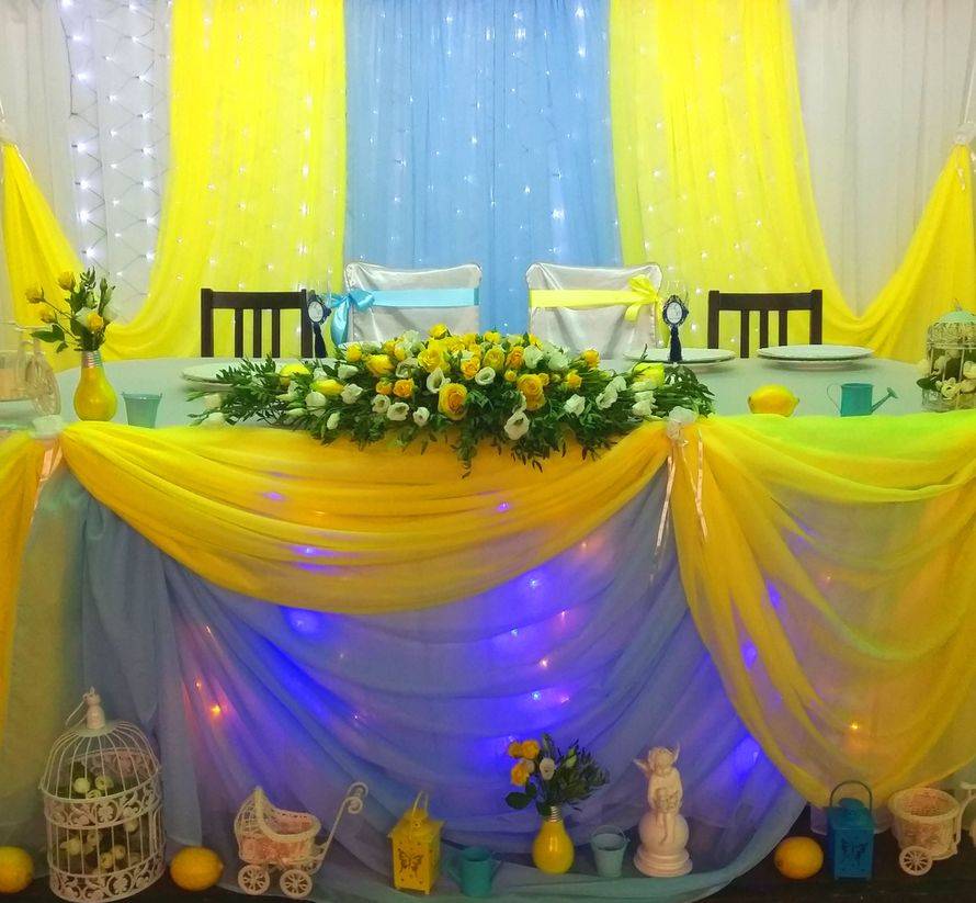 Украшение для жизнерадостных молодоженов – оформление зала на свадьбу в желтом цвете