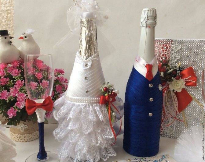 Украшение шампанского на свадьбу своими руками, фото декора, одежды, бутылки