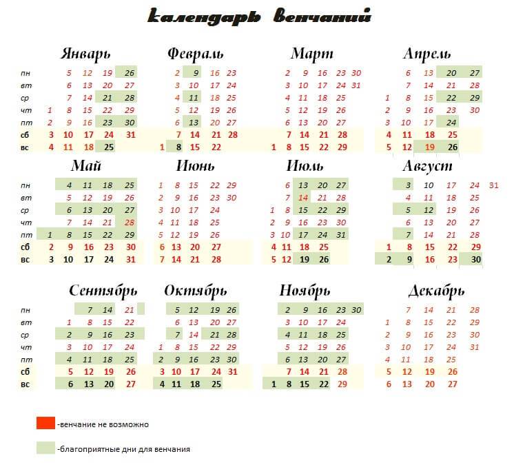Календарь венчаний на 2022 год (православный венчальный)