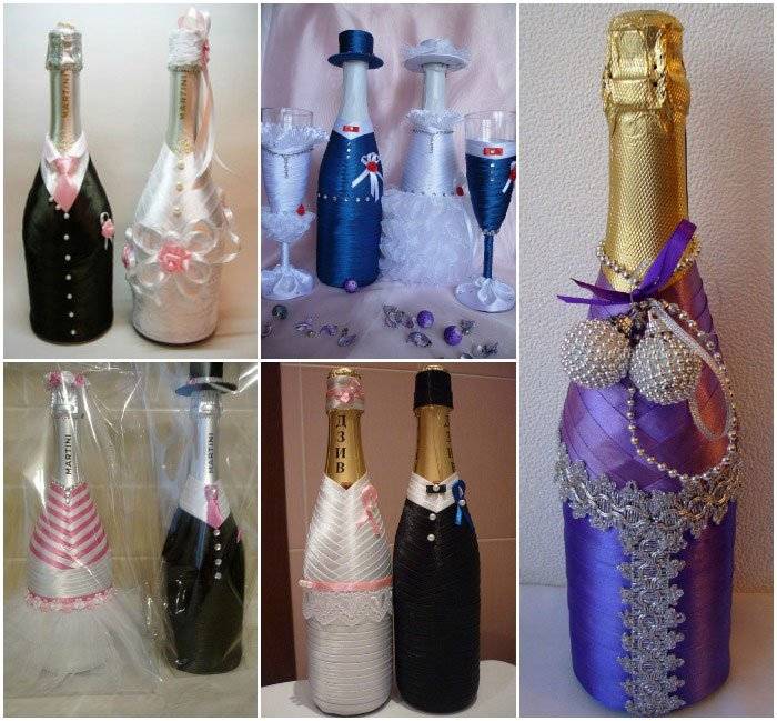 Украшения на бутылки шампанского на свадьбу своими руками фото