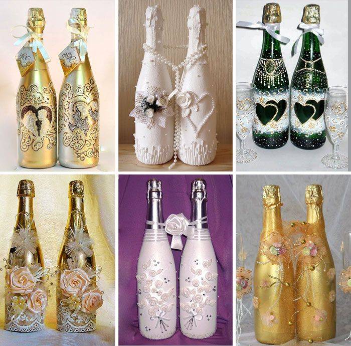 Свадебный декор лентами бутылки шампанского. украшение бутылки на свадьбу своими руками