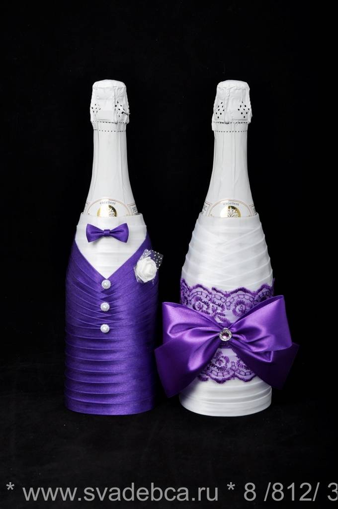 Свадебный декор лентами бутылки шампанского. украшение бутылки на свадьбу своими руками
