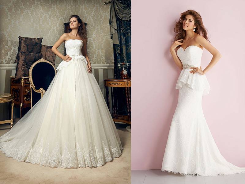 Платье для невесты с воланами на юбке, плечах, баской на талии: как выбрать модель