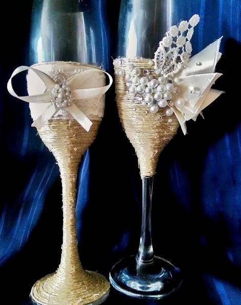 Свадебные бокалы своими руками, декор - фото примеров