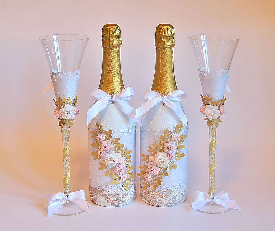 Декупаж бутылки шампанского: свадебные своими руками, пошаговое фото, технику как сделать, мк как украсить