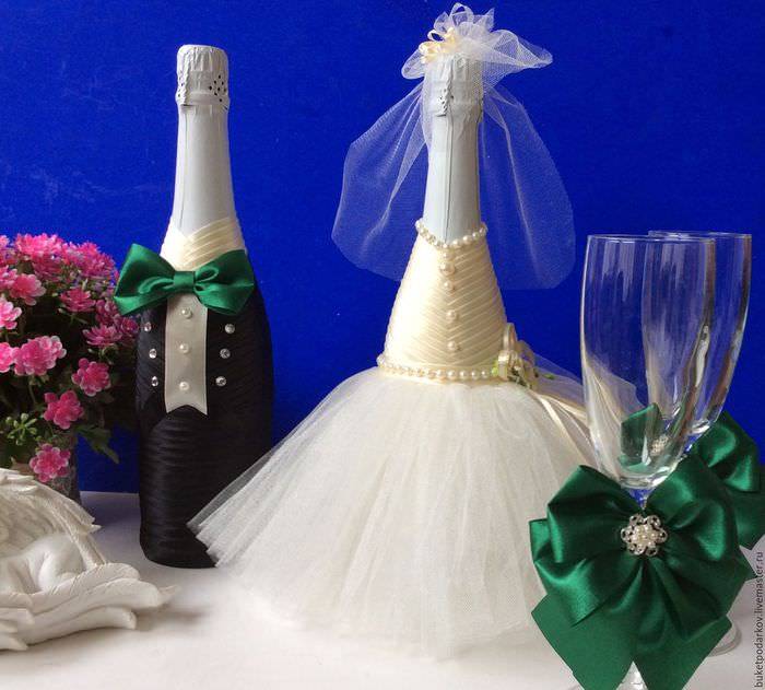 Как украсить бутылку шампанского на свадьбу, идеи декора свадебных бутылок и бокалов